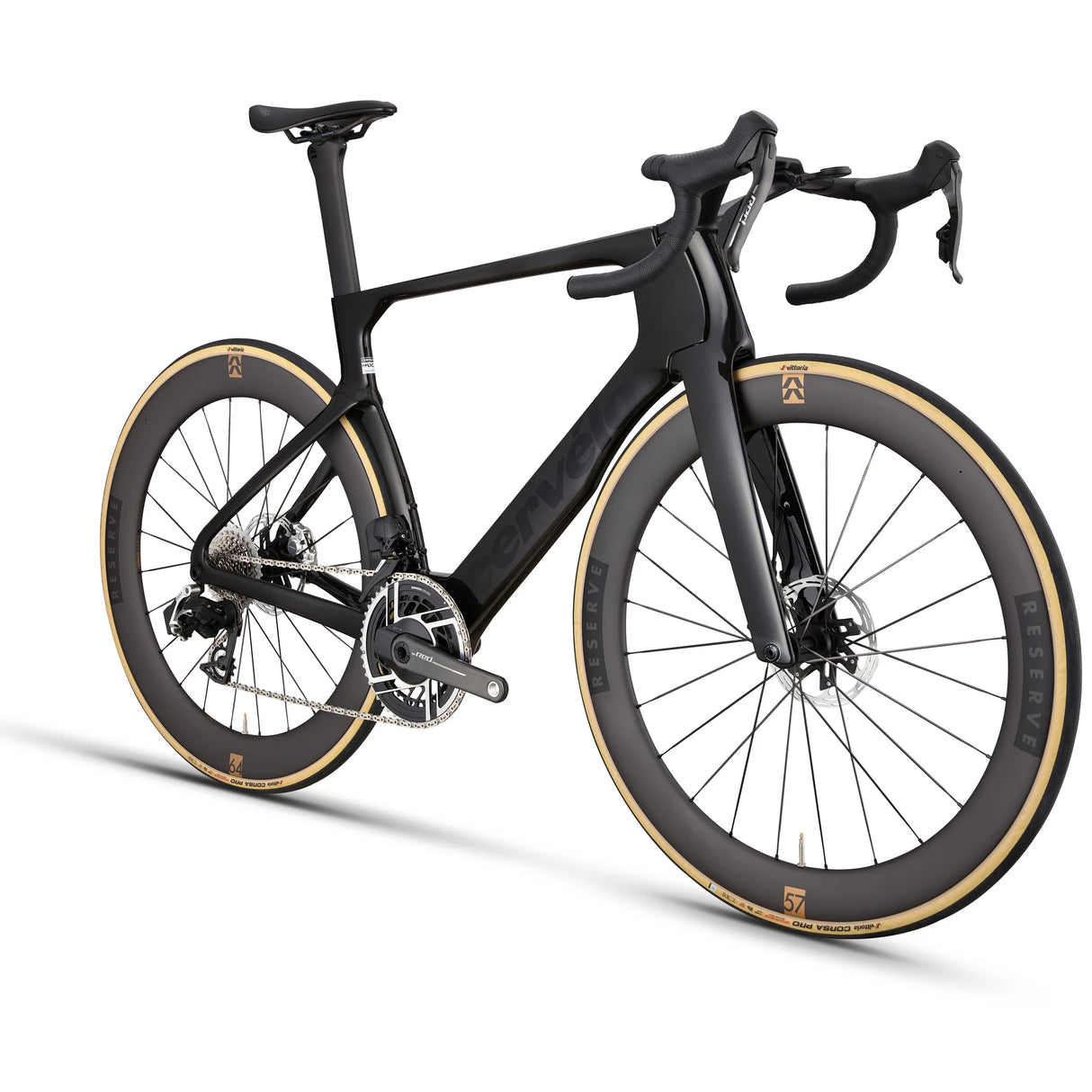 Rear angled view of the black Cervélo S5 Red AXS Road Bike showing aerodynamic frame and SRAM Red AXS drivetrain for high-speed road racing.