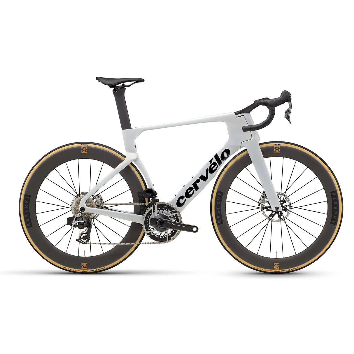 Cervélo S5 Red AXS Road Bike in white featuring lightweight carbon frame and deep carbon wheels for elite road cycling performance.