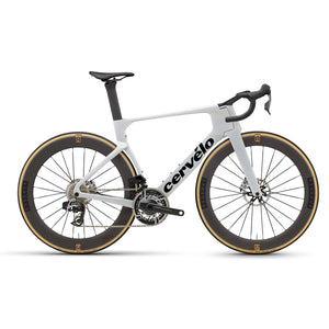 Cervélo S5 Red AXS Road Bike in white featuring lightweight carbon frame and deep carbon wheels for elite road cycling performance.