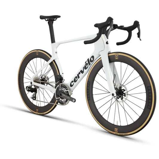 Rear side view of white Cervélo S5 Red AXS Road Bike highlighting aerodynamic seatpost, integrated cockpit, and high-performance disc brakes.