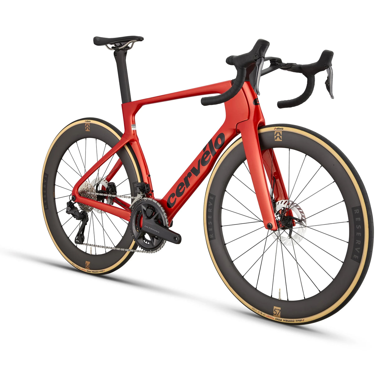 Rear-side view of red Cervélo S5 Ultegra Di2 Road Bike highlighting integrated components and lightweight aerodynamic build for racing performance.