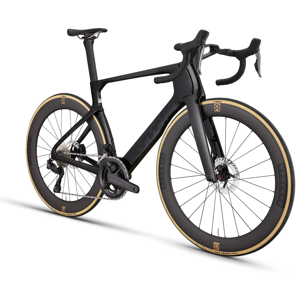 Angled view of black Cervélo S5 Ultegra Di2 Road Bike showcasing aerodynamic frame design and high-performance disc brakes for road racing.