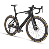 Angled view of black Cervélo S5 Ultegra Di2 Road Bike showcasing aerodynamic frame design and high-performance disc brakes for road racing.