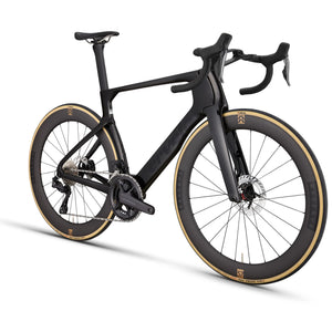 Angled view of black Cervélo S5 Ultegra Di2 Road Bike showcasing aerodynamic frame design and high-performance disc brakes for road racing.