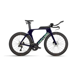 Cervelo P Series Ultegra Di2 Time Trial Bike in navy blue with aero handlebars, integrated storage, and disc brakes for enhanced triathlon performance.