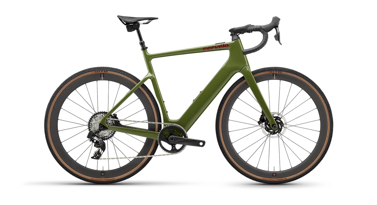 Cervélo Rouvida Force XPLR AXS 1 Gravel E-Bike in green with a lightweight carbon frame, drop handlebars, and rugged tires for off-road adventures.