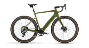 Cervélo Rouvida Force XPLR AXS 1 Gravel E-Bike in green with a lightweight carbon frame, drop handlebars, and rugged tires for off-road adventures.