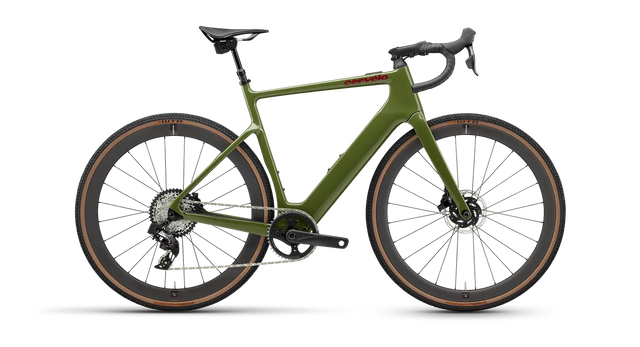 Cervélo Rouvida Force XPLR AXS 1 Gravel E-Bike in green with a lightweight carbon frame, drop handlebars, and rugged tires for off-road adventures.