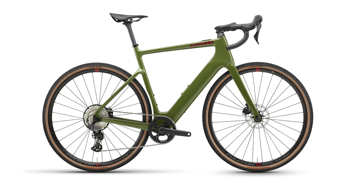 Cervélo Rouvida GRX 610 1 Gravel E-Bike in olive green with a lightweight carbon frame, Shimano GRX 610 drivetrain, and all-terrain tires.