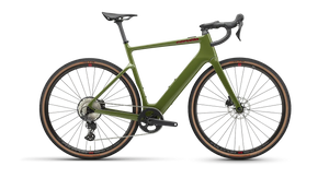 Cervélo Rouvida GRX 610 1 Gravel E-Bike in olive green with a lightweight carbon frame, Shimano GRX 610 drivetrain, and all-terrain tires.