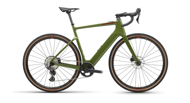 Cervélo Rouvida GRX 610 1 Gravel E-Bike in olive green with a lightweight carbon frame, Shimano GRX 610 drivetrain, and all-terrain tires.