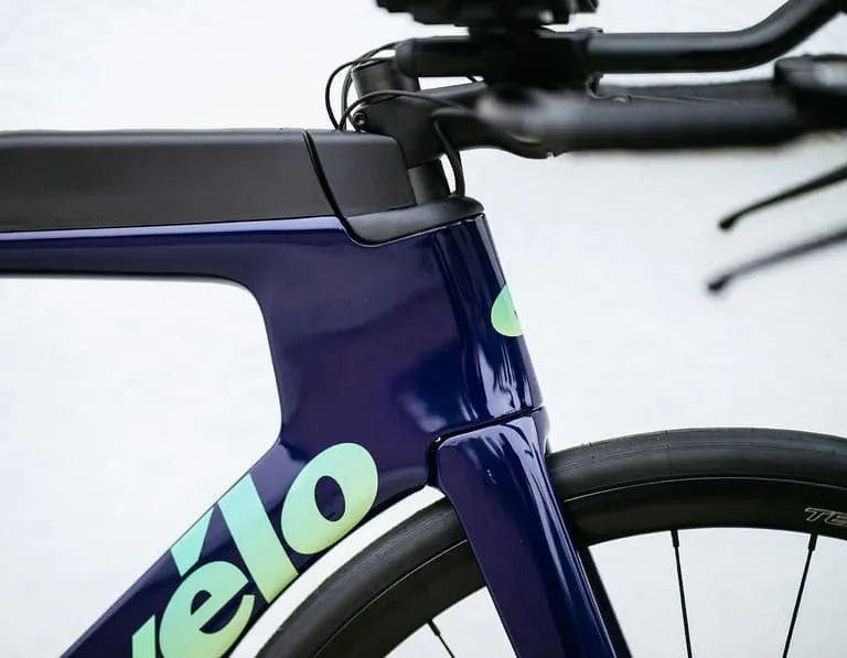 Front section of the Cervelo P Series Ultegra Di2 Time Trial Bike in navy blue, highlighting the integrated cockpit and aerodynamic design.