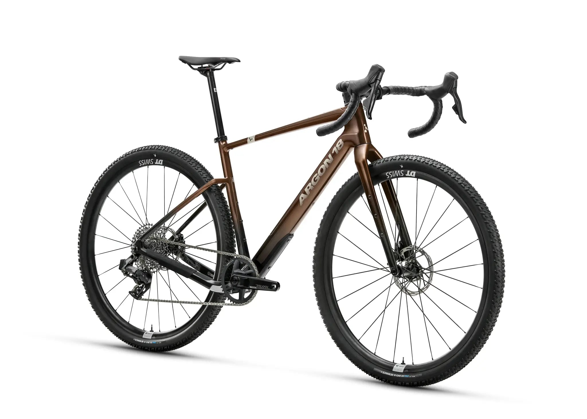 Argon 18 Dark Matter Rival XPLR AXS Gravel Bike in bronze with drop handlebars and DT Swiss wheels, ideal for rugged terrain cycling.