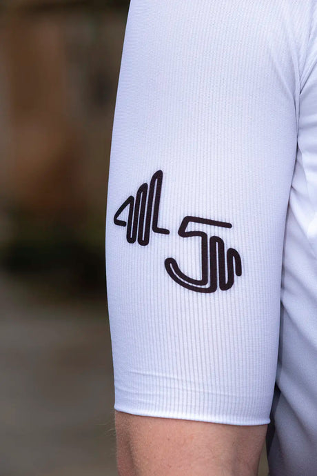 Sleeve detail of the 45th Anniversary Short Sleeve Mens Jersey with custom '45' anniversary logo in black stitching.