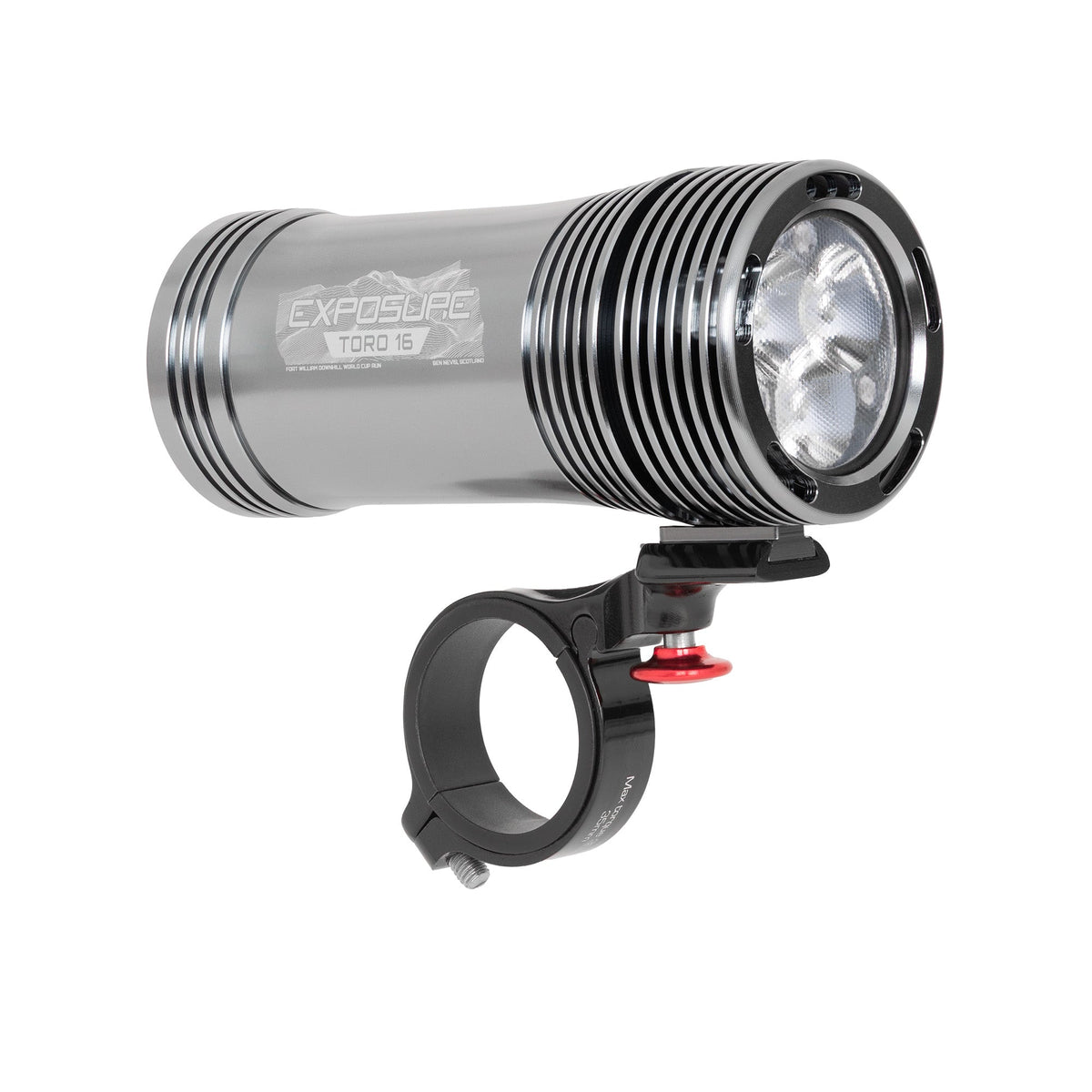 Exposure Toro Mk16 bike light in gunmetal grey with its quick release handlebar bracket