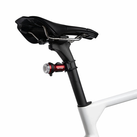 Exposure TraceR Mk4 rear light mounted on a seatpost below the saddle