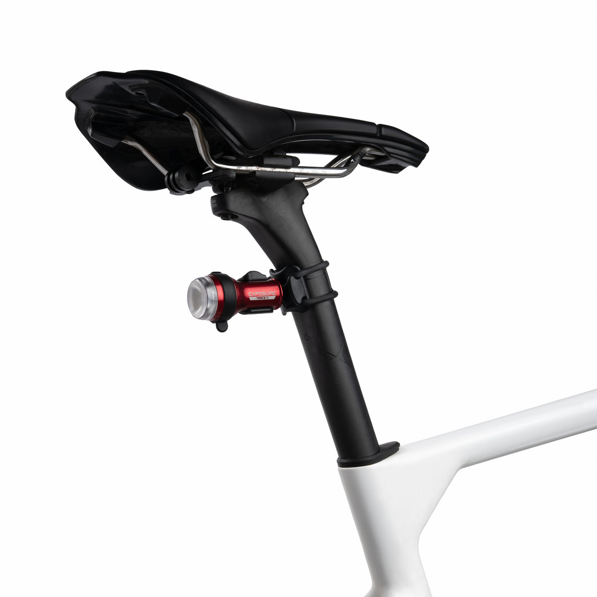 Exposure TraceR Mk4 rear light mounted on a seatpost below the saddle