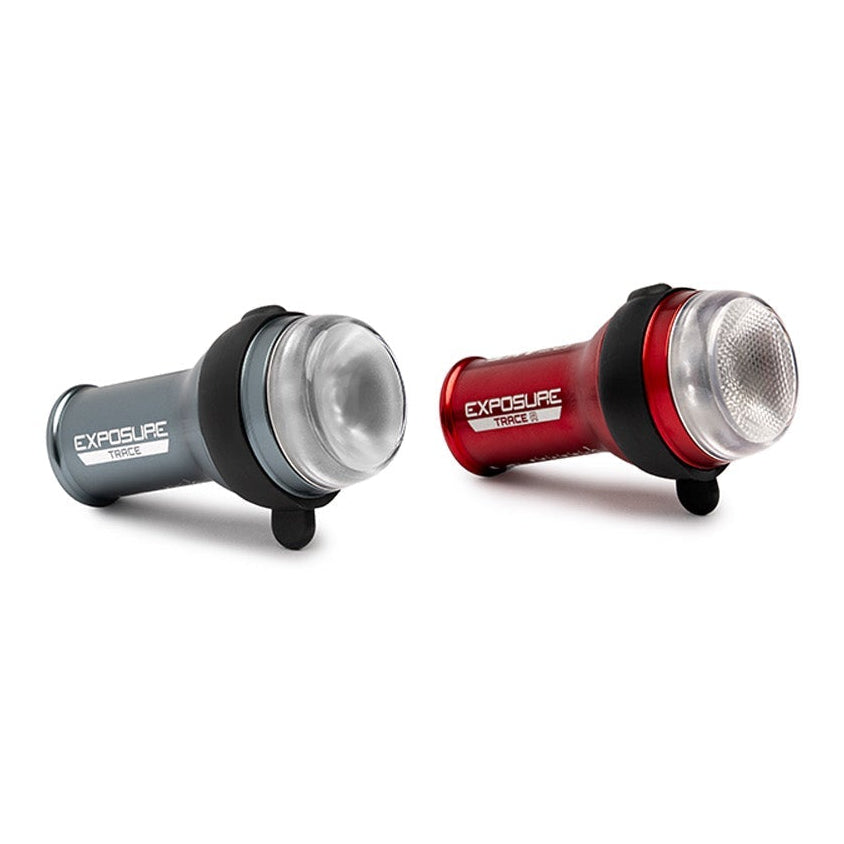 Exposure Trace Mk4 front light and TraceR Mk4 ReAKT rear light side by side on a white background