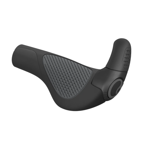 Ergon GP2 Evo handlebar grip in black and grey, showing the ergonomic wing and the rubberised two finger bar end