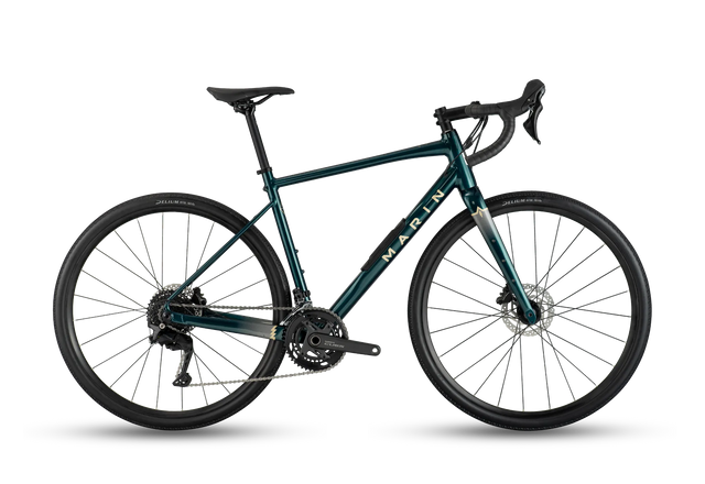 Marin Gestalt 1 gravel bike in metallic teal green, full side view on a white studio background