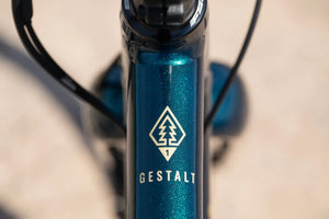 Head tube of the Marin Gestalt 1 showing the Gestalt name and the gold Marin tree badge