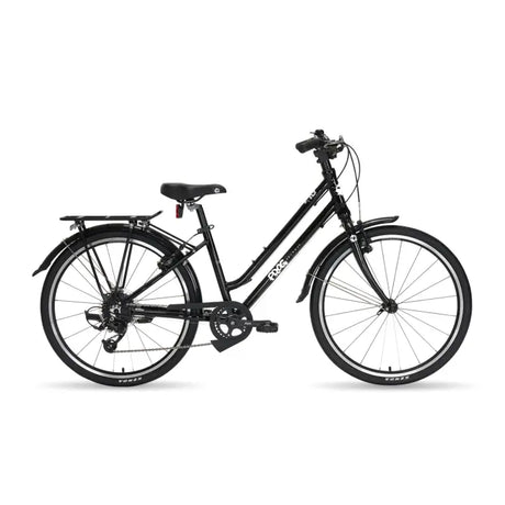 Introducing the Frog City 61 Kids Hybrid Bike by Frog: This black city bicycle features a lightweight, step-through frame with front and rear fenders, a rear rack, and a kickstand. It offers 8-speed gears for smooth rides and includes a comfortable padded seat for extra comfort.