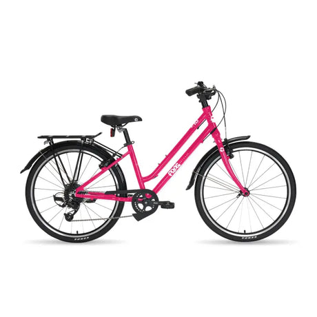 Introducing the Frog City 61 Kids Hybrid Bike by Frog, a vibrant bright pink bicycle designed for young riders. This bike features black handlebars and wheels, along with a lightweight frame, rear luggage rack, and a comfortable saddle. Its sleek, modern design is complemented by 8-speed gears, making it perfect for a variety of riding experiences.