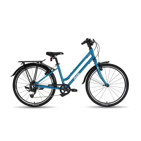 The Frog City 61 Kids Hybrid Bike by Frog is a blue model designed with a step-through, lightweight frame and equipped with black handlebars and tires. It features an 8-speed gear system, rear cargo rack, front and rear fenders, and a side kickstand.