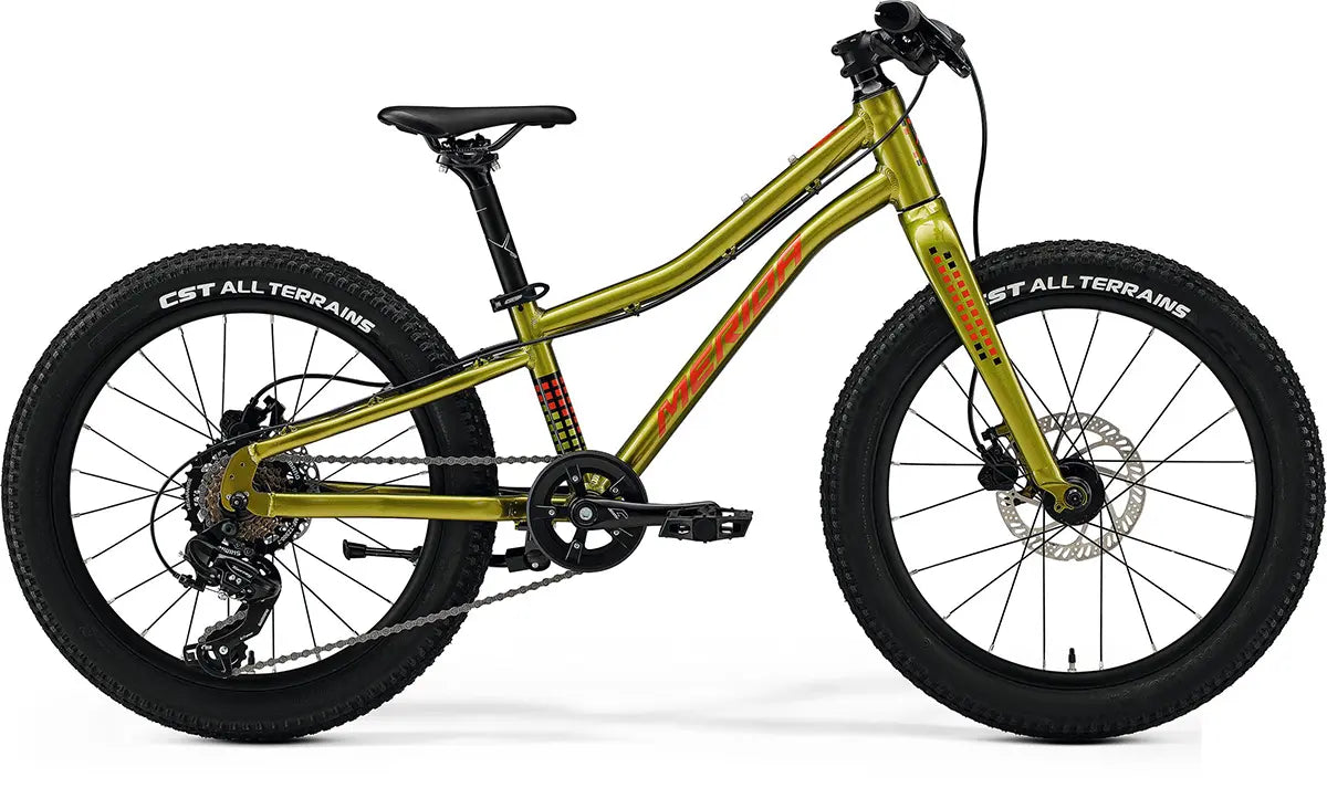 2025 Merida Matts J.20+ Kids Hybrid Bike in metallic olive green, designed with a sturdy frame, all-terrain tires, and disc brakes for enhanced safety.