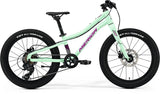 2025 Merida Matts J.20+ Kids Hybrid Bike in mint green with a lightweight frame, CST All Terrains tires, and disc brakes for superior control.