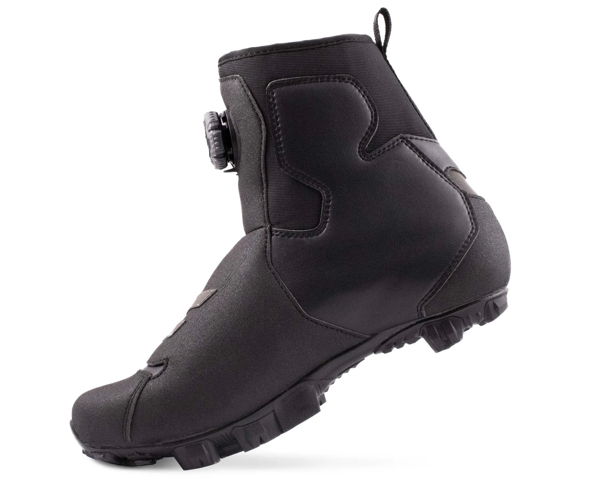Rear angle of Lake MX146 Winter Mountain Bike Shoe highlighting neoprene ankle cuff and durable construction for winter rides.
