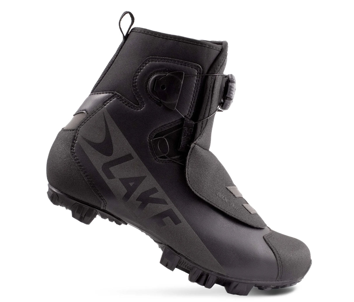 Side view of Lake MX146 Winter Mountain Bike Shoe showing insulated ankle coverage and rugged tread for off-road cycling.