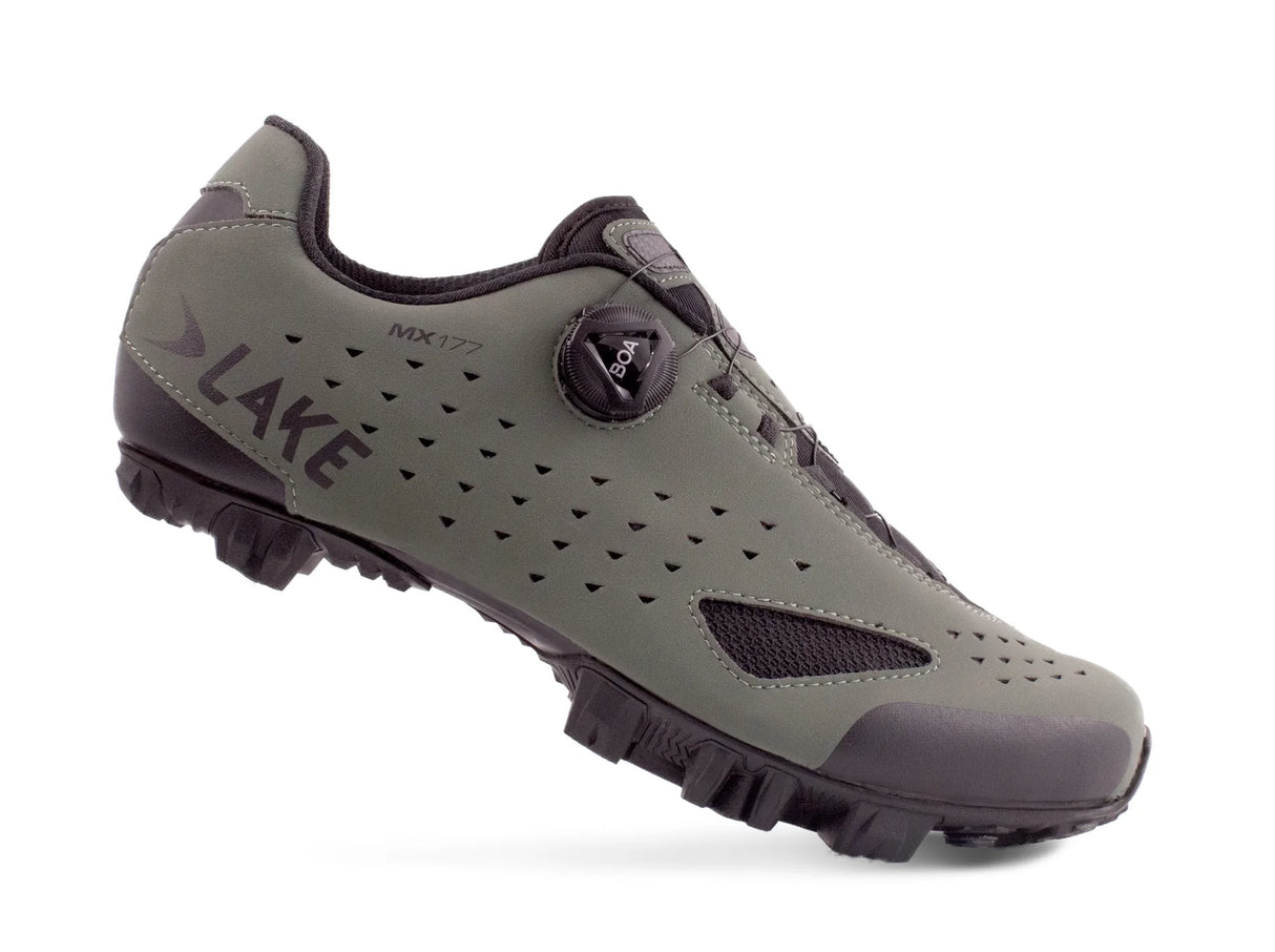 Gray cycling shoe with 'Lake' branding on a white background