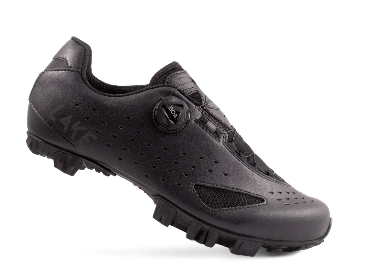 Black cycling shoe with 'Lake' branding on a white background
