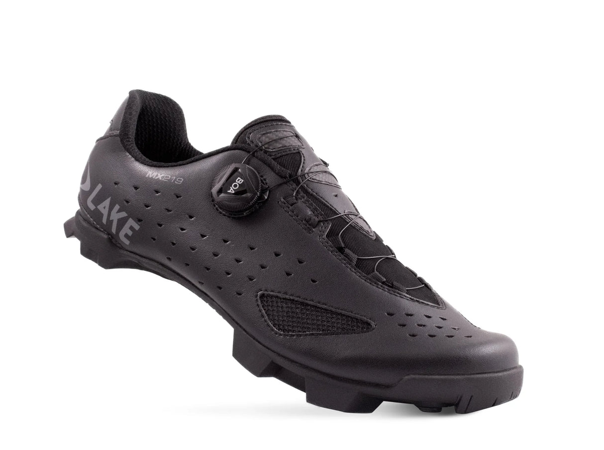Lake MX219 Mountain Bike Shoe in black with BOA closure system, designed for high-performance trail and race cycling. Lightweight and durable fit.