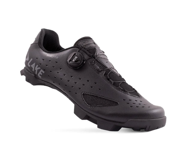 Lake MX219 Mountain Bike Shoe in black with BOA closure system, designed for high-performance trail and race cycling. Lightweight and durable fit.
