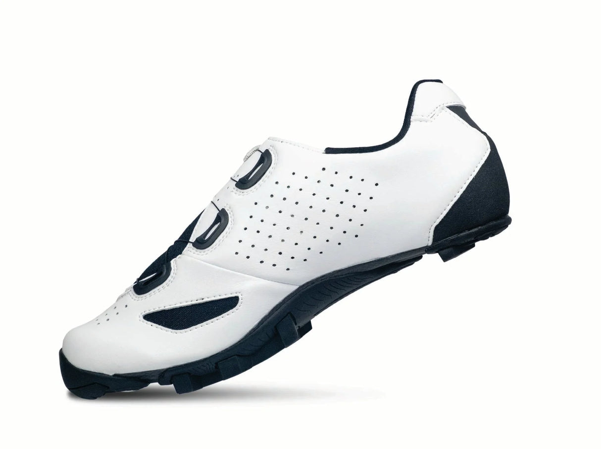 White cycling shoe with black soles on a white background