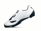 White cycling shoe with black soles on a white background
