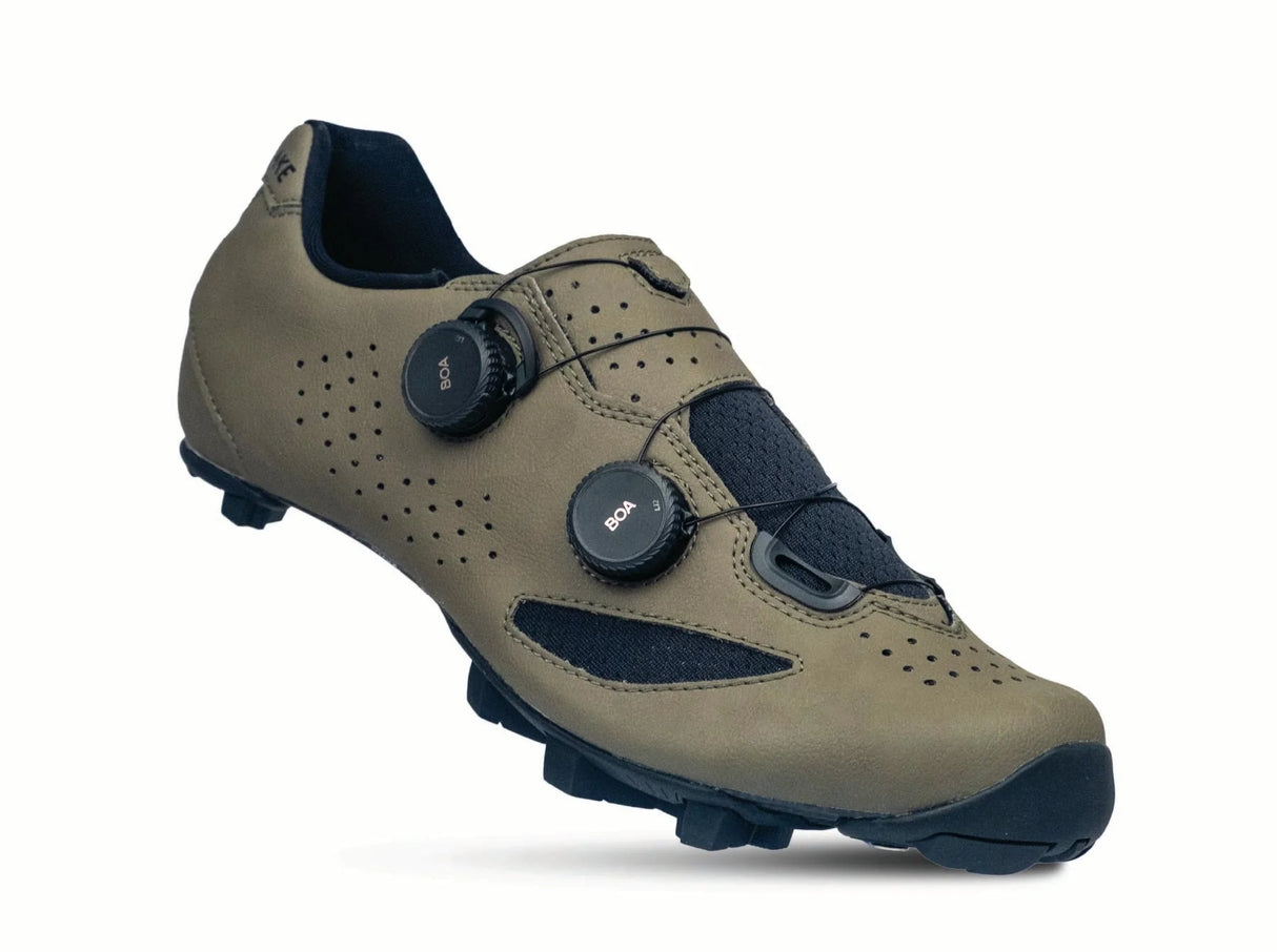 Brown cycling shoe with black accents on a white background