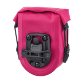 Compact cyber pink saddle bag with roll-top closure and black mounting bracket.