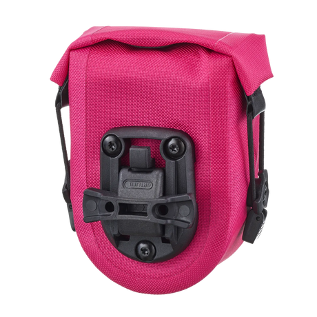Compact cyber pink saddle bag with roll-top closure and black mounting bracket.