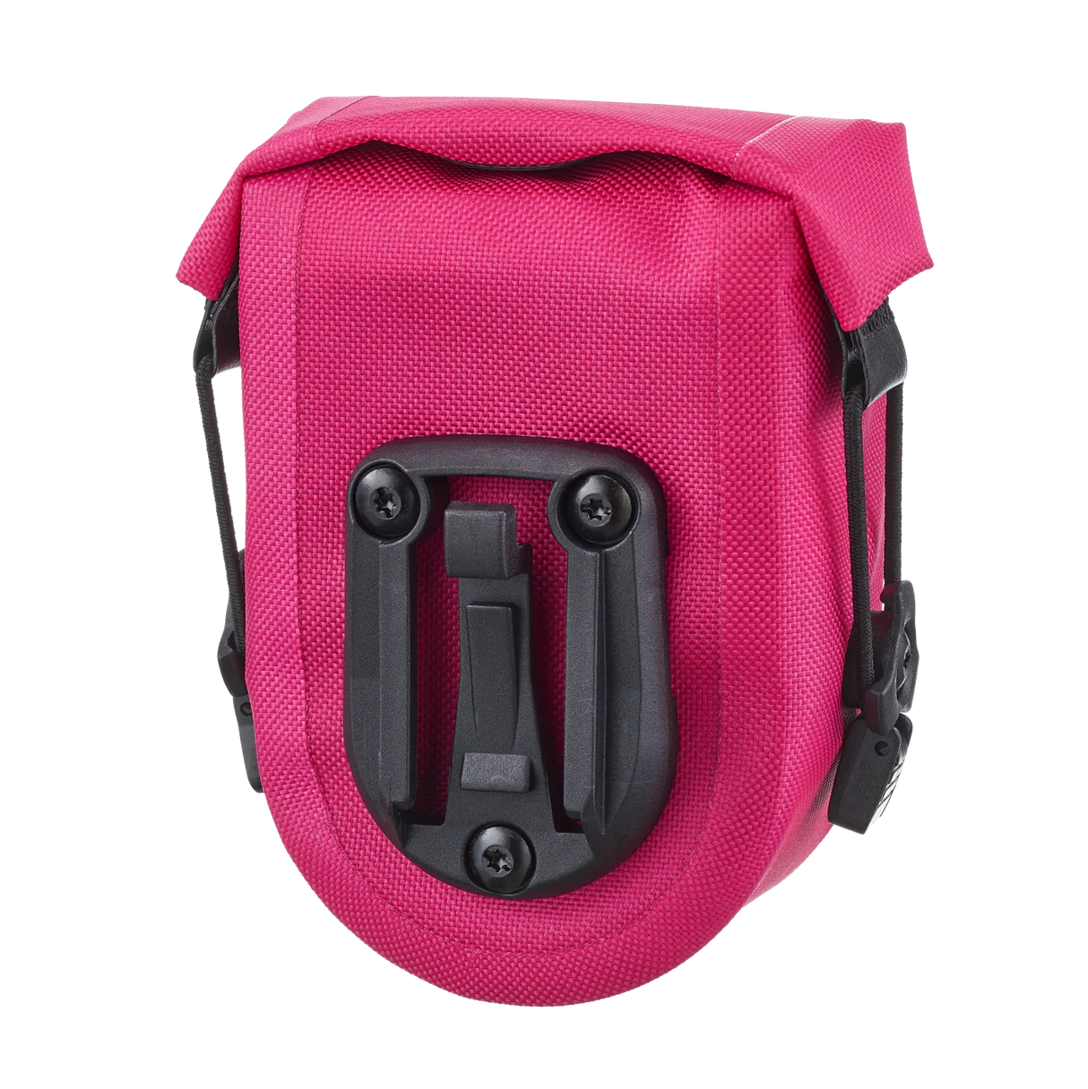 Compact cyber pink waterproof saddle bag with black mounting bracket and roll-top closure.