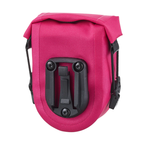 Compact cyber pink waterproof saddle bag with black mounting bracket and roll-top closure.