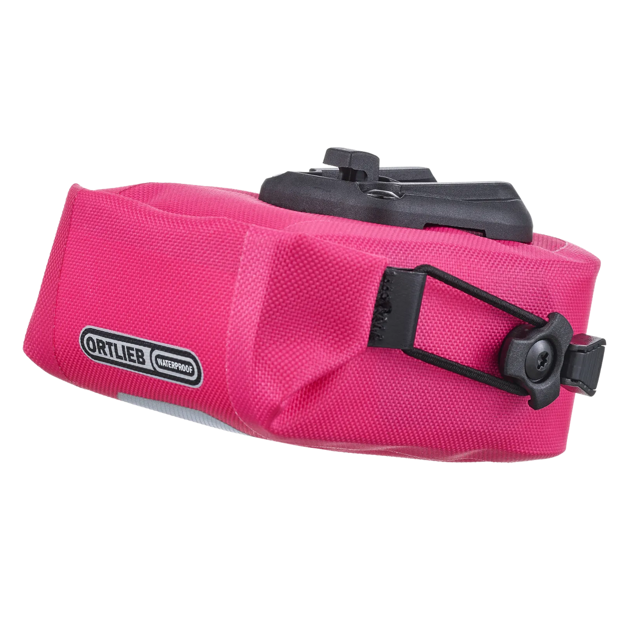 Compact cyber pink waterproof saddle bag with black mounting hardware and Ortlieb logo patch.