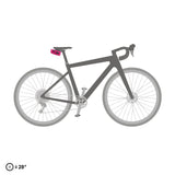 Cyber pink 0.5L Ortlieb Micro-Bag mounted under saddle on gray road bike.