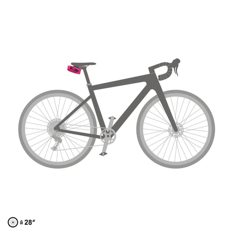 Cyber pink 0.5L Ortlieb Micro-Bag mounted under saddle on gray road bike.