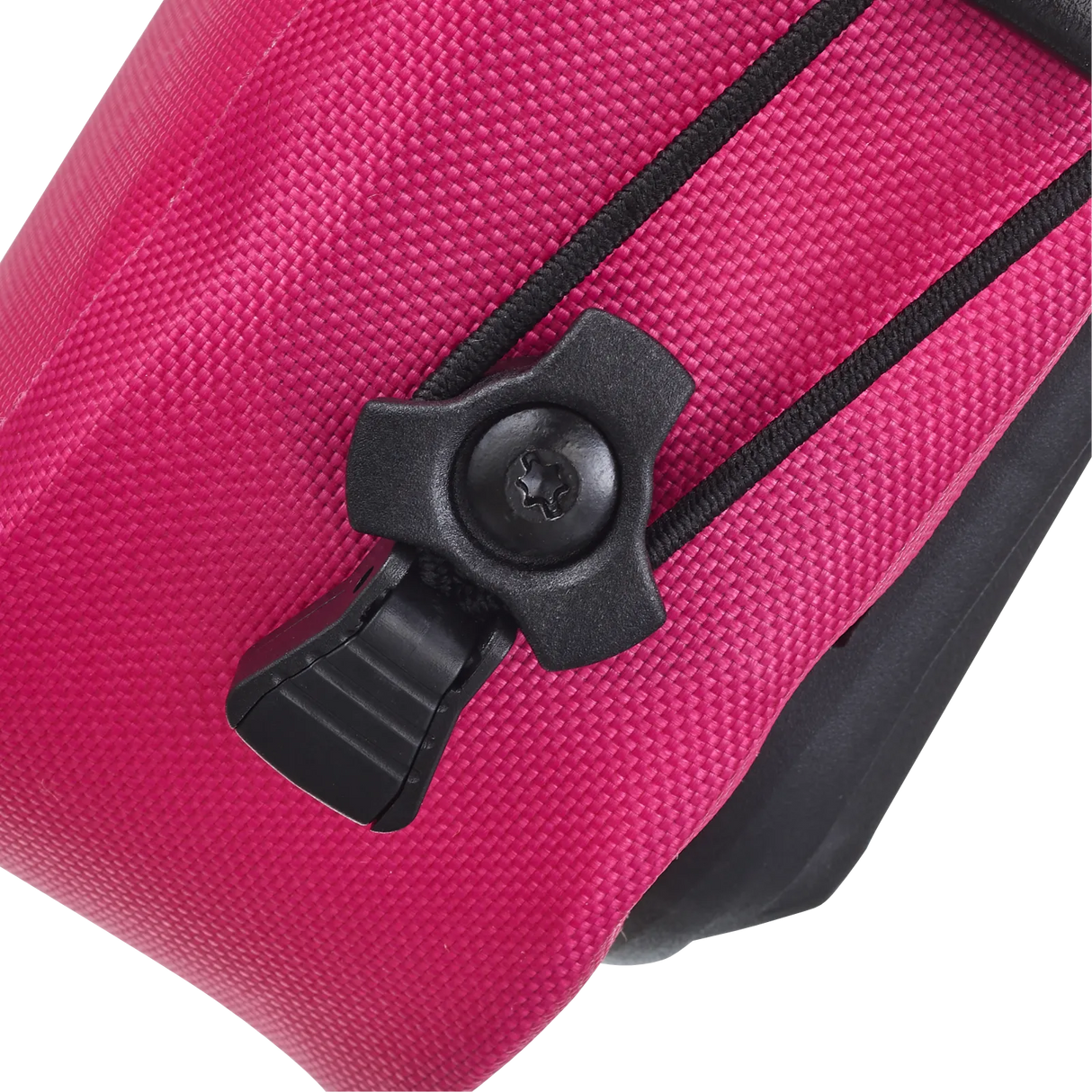 Cyber pink textured saddle bag corner with black plastic clip and black trim.