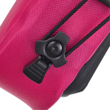 Cyber pink textured saddle bag corner with black plastic clip and black trim.