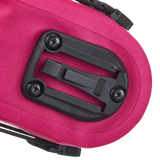 Cyber pink textured fabric saddle bag with black plastic mounting plate and screws.