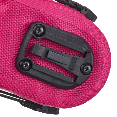 Cyber pink textured fabric saddle bag with black plastic mounting plate and screws.